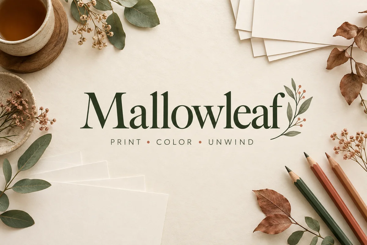Mallowleaf studio cover with paper, pencils and botanical details
