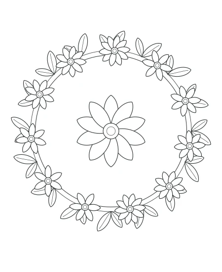 Amber Leaves Botanical Wreath — uncolored botanical wreath drawing