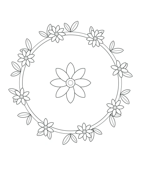 Evening Bloom Botanical Wreath — uncolored botanical wreath drawing