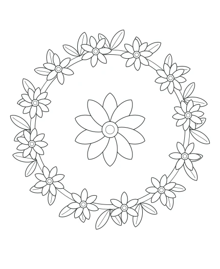 Evening Bloom Botanical Wreath — uncolored botanical wreath drawing