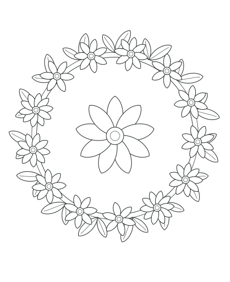 Garden Reverie Botanical Wreath — uncolored botanical wreath drawing