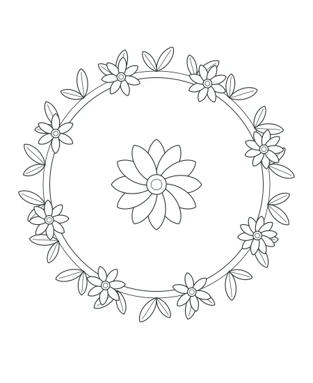 Moss & Petal Botanical Wreath — uncolored botanical wreath drawing