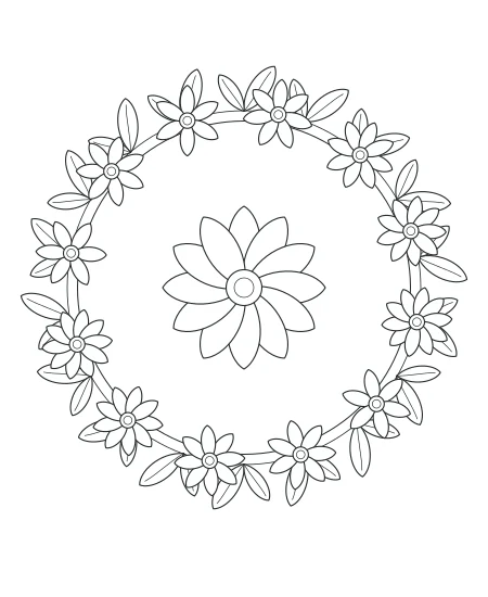 Petal Path Botanical Wreath — uncolored botanical wreath drawing