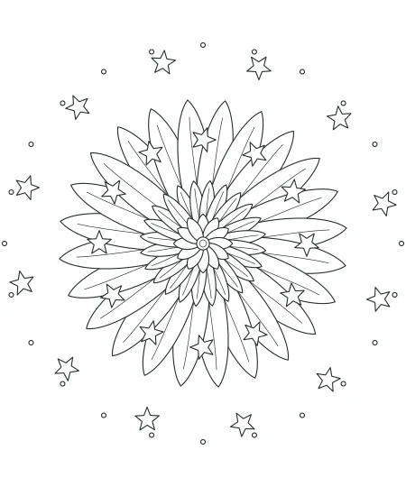 Petal Path Celestial Mandala — uncolored celestial mandala drawing