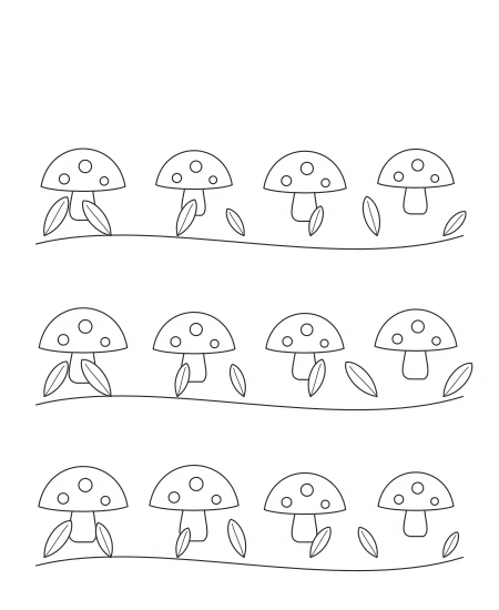 Petal Path Woodland Mushrooms — uncolored woodland mushrooms drawing