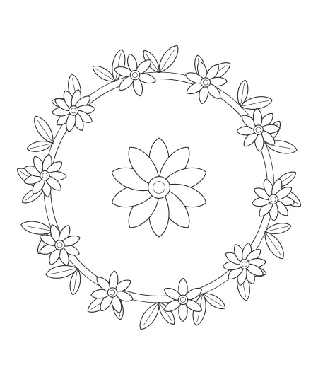 Quiet Meadow Botanical Wreath — uncolored botanical wreath drawing