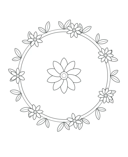 Twilight Petals Botanical Wreath — uncolored botanical wreath drawing