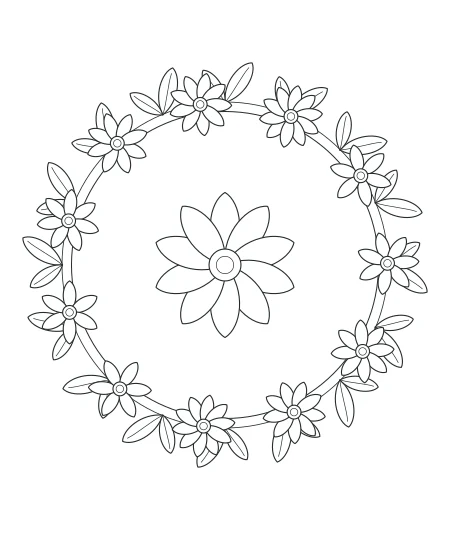 Twilight Petals Botanical Wreath — uncolored botanical wreath drawing